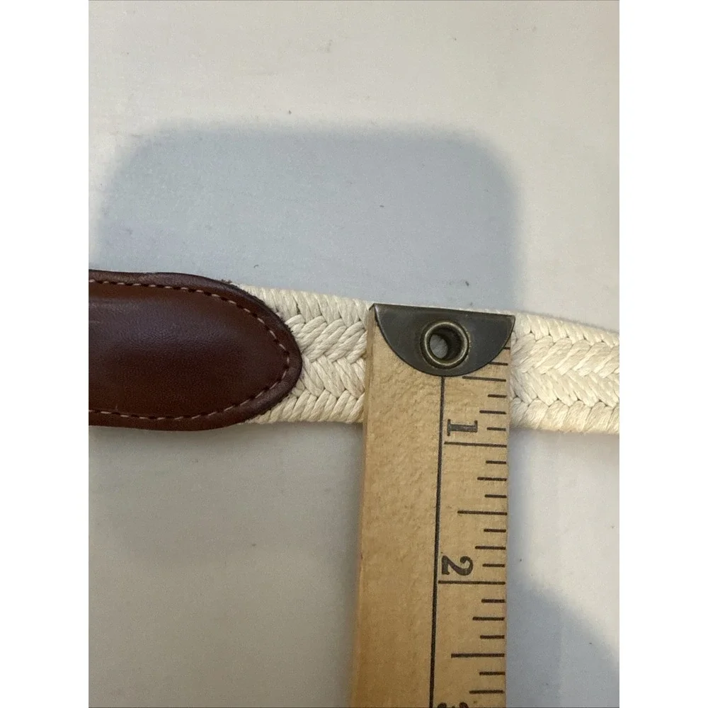 Vintage Torino brown leather belt 40 Solid Brass Buckle Woven‎ Beige Braided